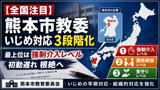 熊本市教育委員会がいじめ事案を3段階に分類し強制介入レベルを明文化する方針を示したことを伝える報道アイキャッチ