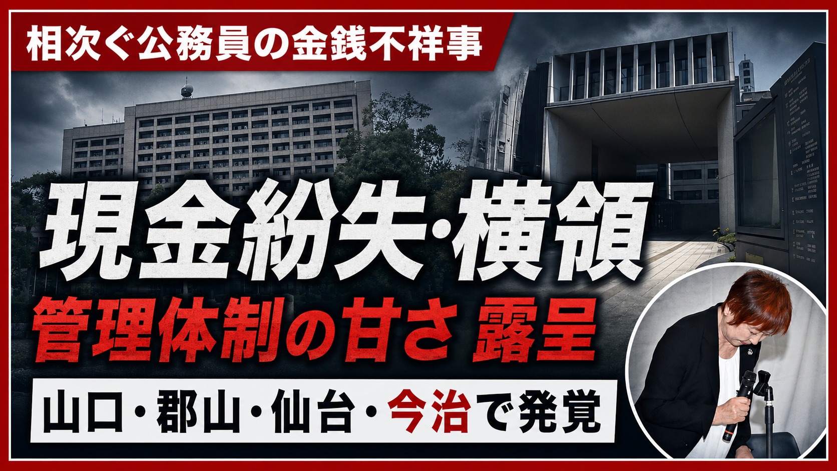 山口県、郡山市、仙台市、今治市で相次いだ公務員・公共施設職員の金銭不祥事を伝える報道用画像