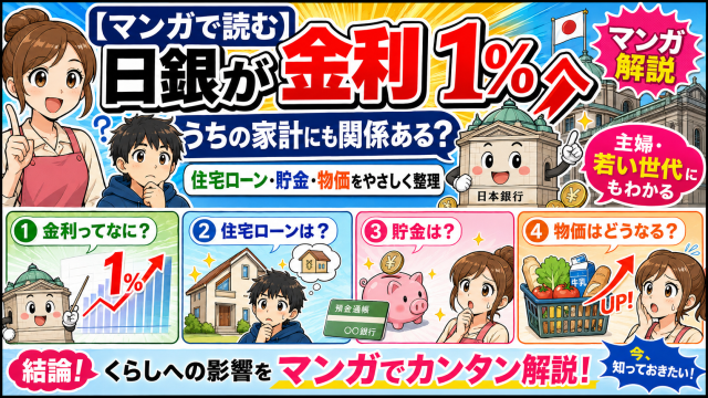 日銀が政策金利を1％程度へ引き上げたことによる住宅ローンや預金や物価への影響をマンガでやさしく整理するアイキャッチ