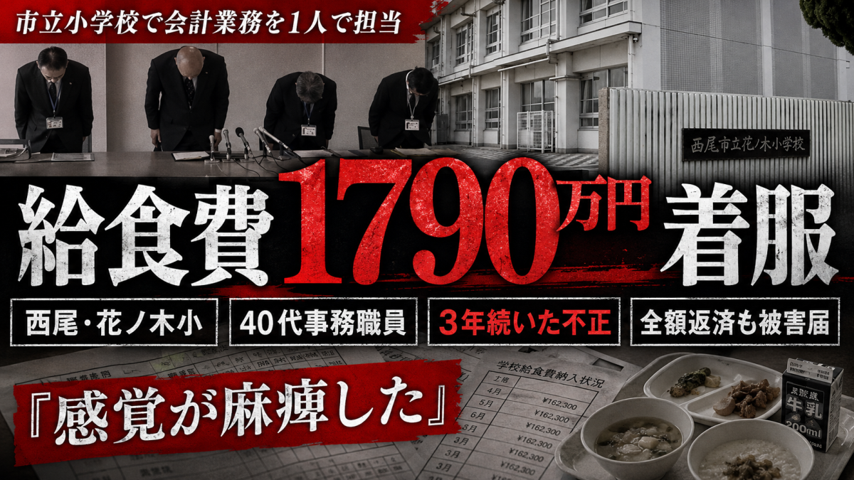 西尾市立花ノ木小学校で発覚した給食費約1790万円着服問題を伝える報道アイキャッチ