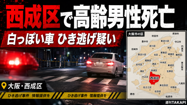 大阪市西成区松3丁目の市道で高齢男性が死亡し白っぽい車によるひき逃げ疑いで捜査されている事故の報道アイキャッチ