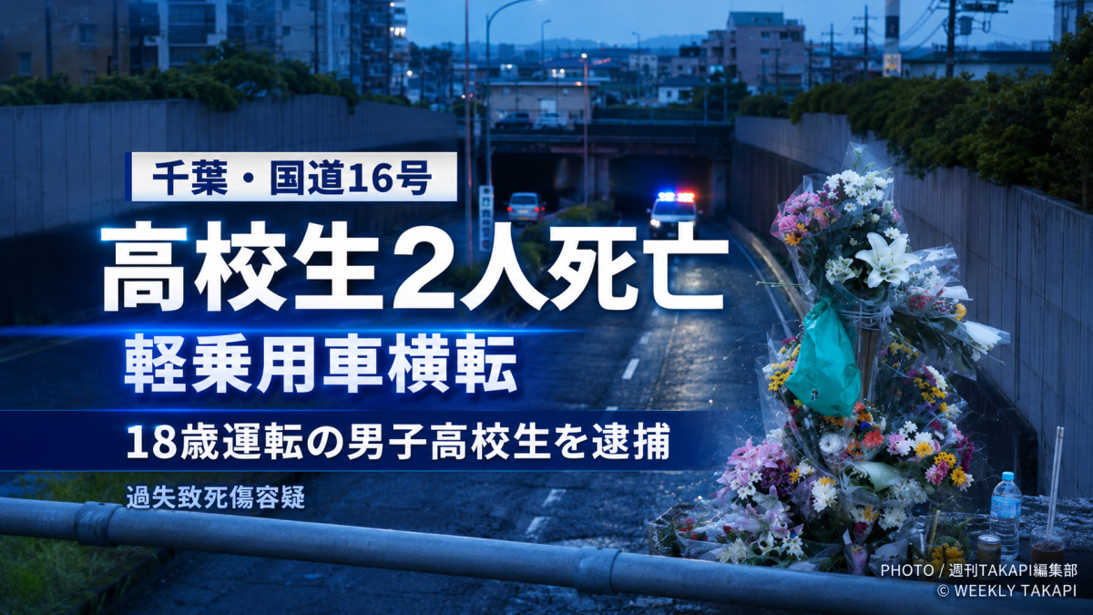 千葉市中央区村田町の国道16号で軽乗用車が横転し高校生ら2人が死亡、運転していた18歳男子高校生が逮捕された事故の報道アイキャッチ