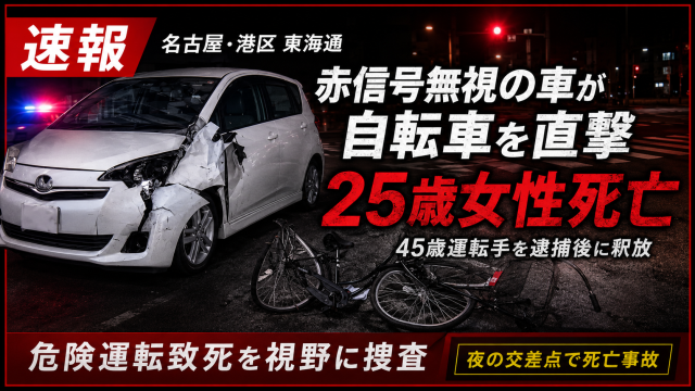 名古屋市港区東海通の信号交差点で発生した自転車死亡事故を伝える報道アイキャッチ。赤信号を無視したとみられる乗用車が横断歩道上の自転車をはね、25歳のフィリピン国籍女性が死亡した事故を、夜の交差点、壊れた自転車、赤色灯、黒と赤の警告デザインで表現している。