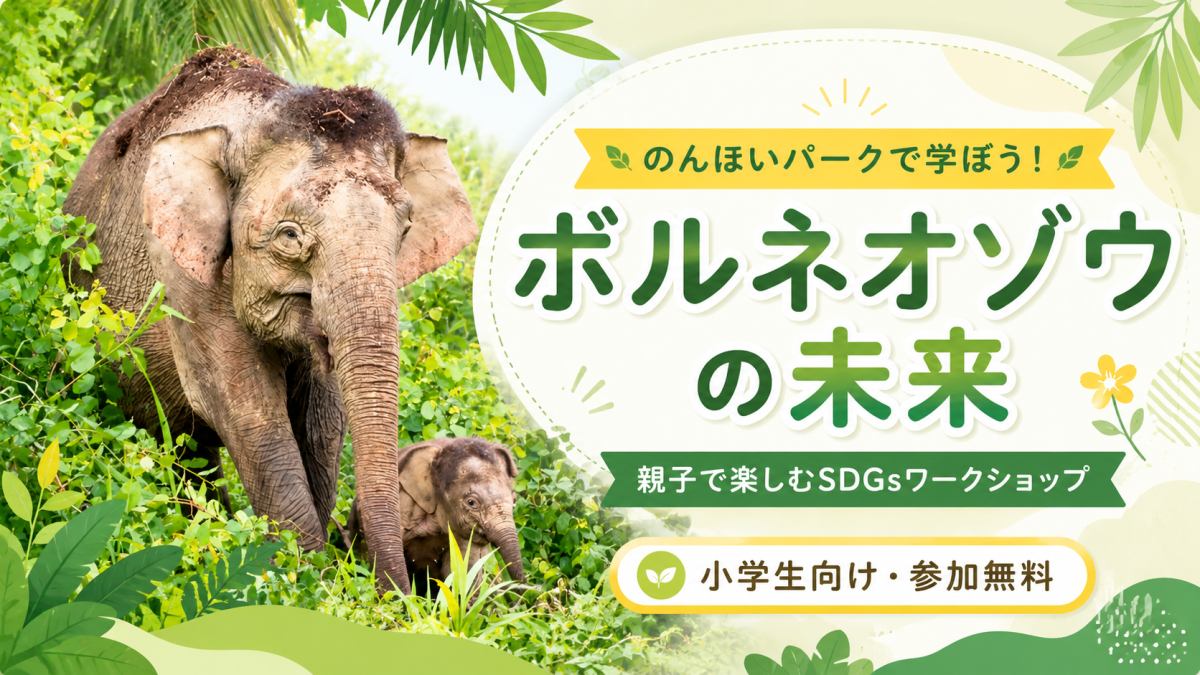 豊橋総合動植物公園のんほいパークで開催される小学生向け無料SDGsワークショップのアイキャッチ画像。ボルネオゾウ、オンライン交流、自由研究、ポスター制作をイメージした明るい地域イベントデザイン。