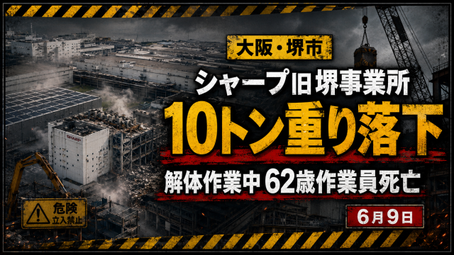 大阪府堺市のシャープ旧堺事業所でエレベーターの重りが落下し解体作業中の男性が死亡した事故を伝える報道アイキャッチ