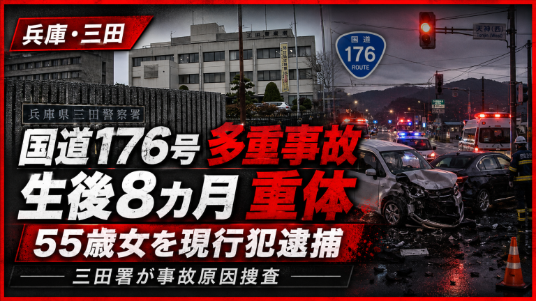 兵庫県三田市の国道176号交差点で起きた多重事故と生後8カ月男児の重体を伝える報道用アイキャッチ