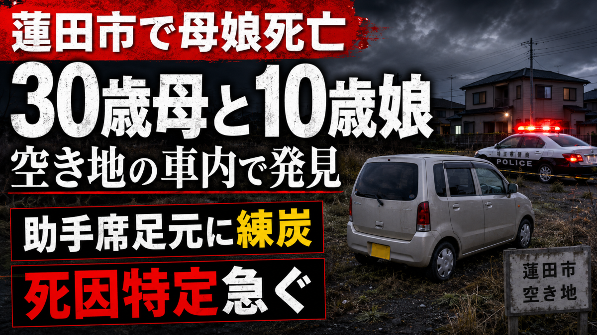 蓮田市の空き地に停車した軽自動車と警察車両を背景に、30歳母と10歳娘の死亡事案を伝える報道用アイキャッチ