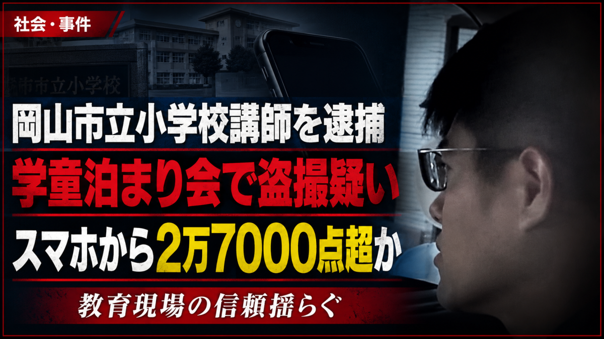 岡山市立小学校の講師が、私設学童クラブの泊まり会で男子児童の着替えを盗撮した疑いで逮捕された事件を伝える報道アイキャッチ画像。押収スマートフォンから児童ポルノとみられる画像や動画が2万7000点以上見つかった疑いを表現している。