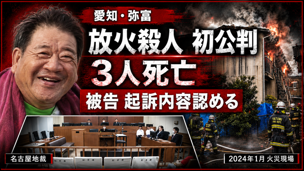 愛知県弥富市のアパート放火殺人事件で佐藤忍被告の初公判が開かれたことを伝える報道用アイキャッチ