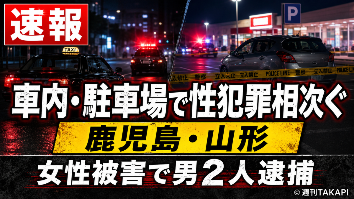 鹿児島市と山形県庄内町で車内や駐車場を現場とする性犯罪事件が相次いだことを伝える報道イメージ