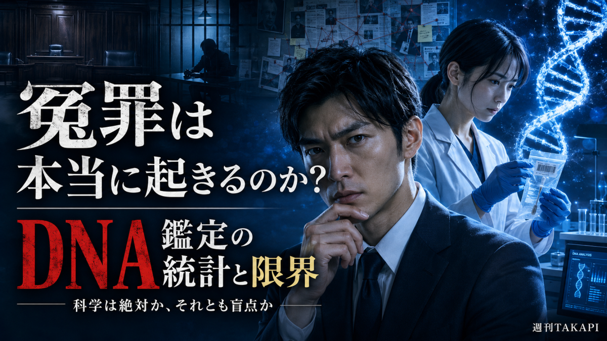 冤罪とDNA鑑定の限界をテーマに、法廷、DNA解析、鑑定研究員、思案する男性を描いたシリアスな報道用アイキャッチ