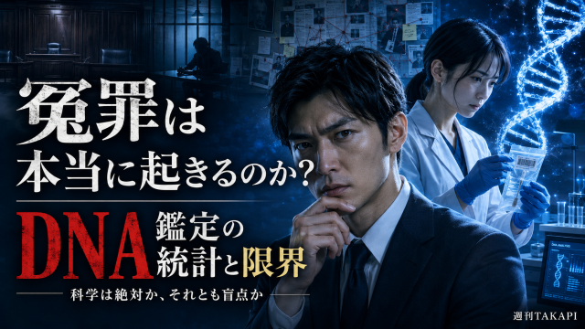冤罪とDNA鑑定の限界をテーマに、法廷、DNA解析、鑑定研究員、思案する男性を描いたシリアスな報道用アイキャッチ