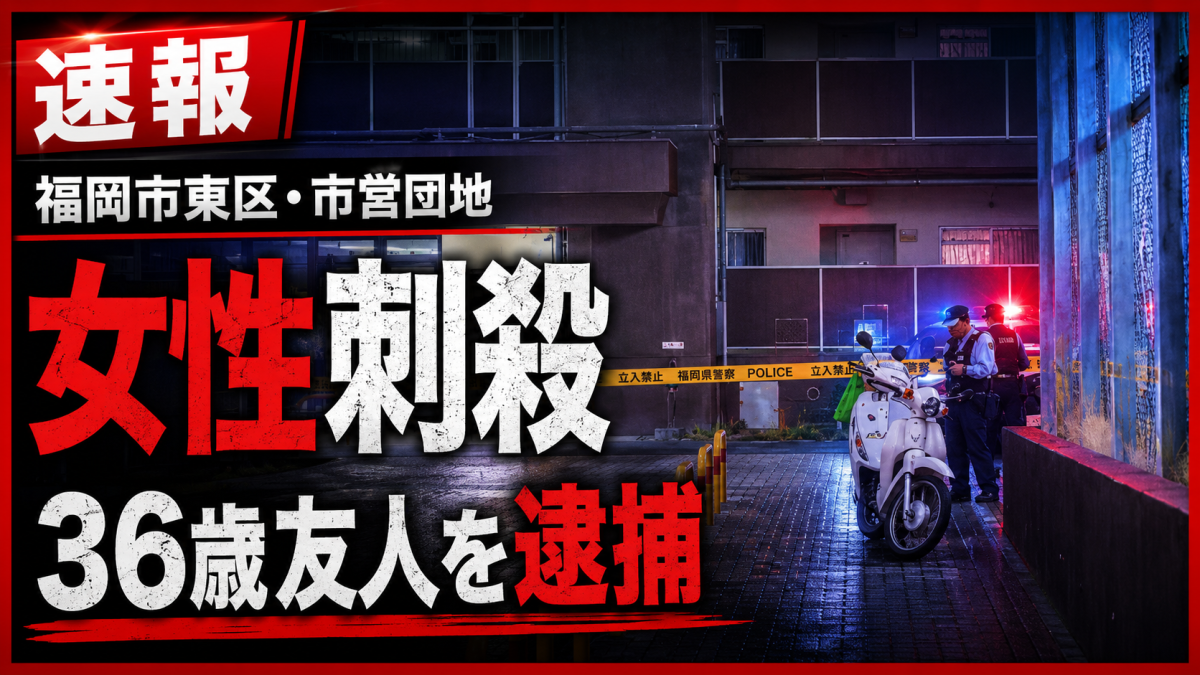 福岡市東区馬出の市営団地で起きた女性刺殺事件を伝える報道アイキャッチ