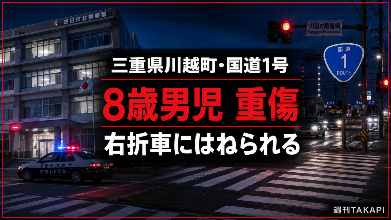三重県川越町高松の国道1号交差点で家族と横断歩道を渡っていた8歳男児が右折車にはねられ重傷を負った事故の報道アイキャッチ