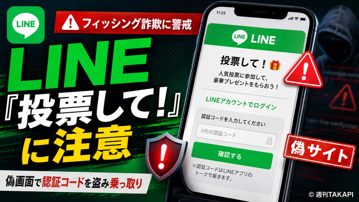 LINEを装った「投票して！」詐欺に注意を呼びかける報道アイキャッチ。偽の投票画面で認証コード入力を求め、アカウント乗っ取りにつながる危険を伝えている