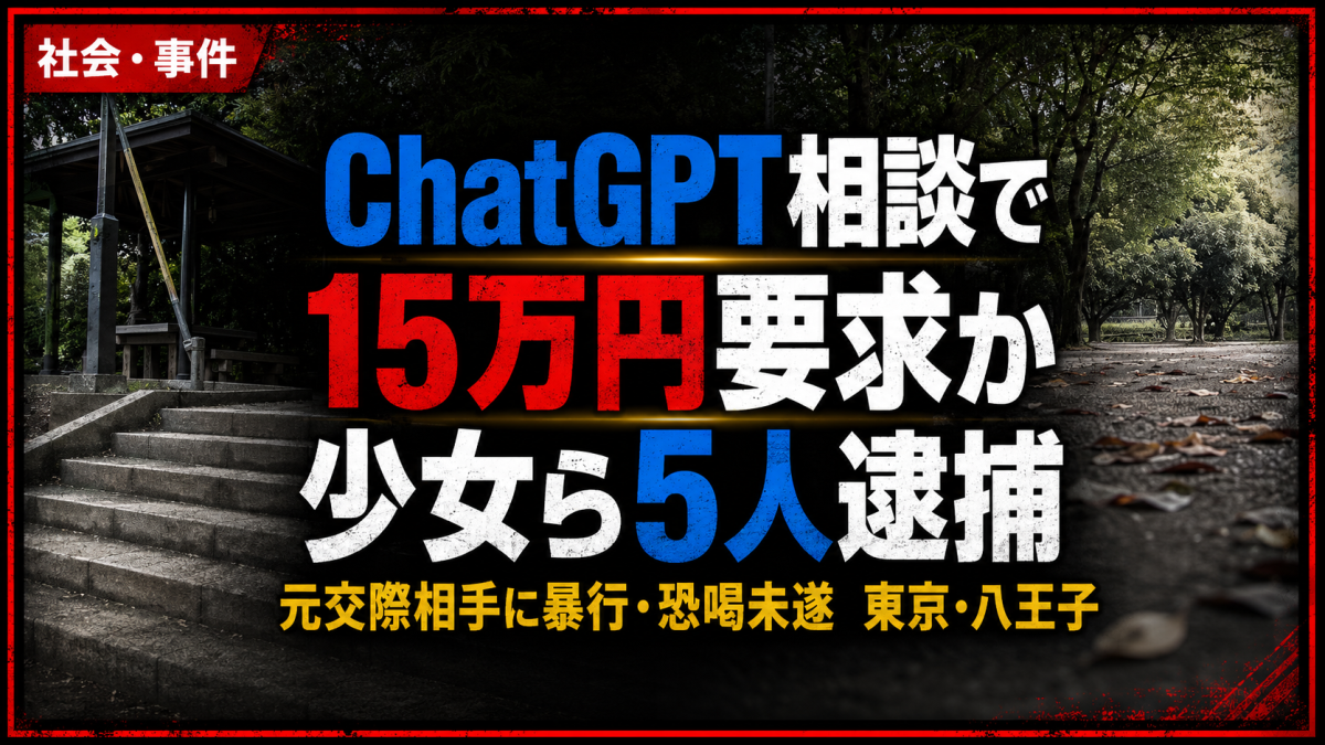 東京・八王子市の公園を思わせる場所を背景に、ChatGPTへの示談金相談、15万円要求、高校生少女ら5人逮捕を伝える報道アイキャッチ