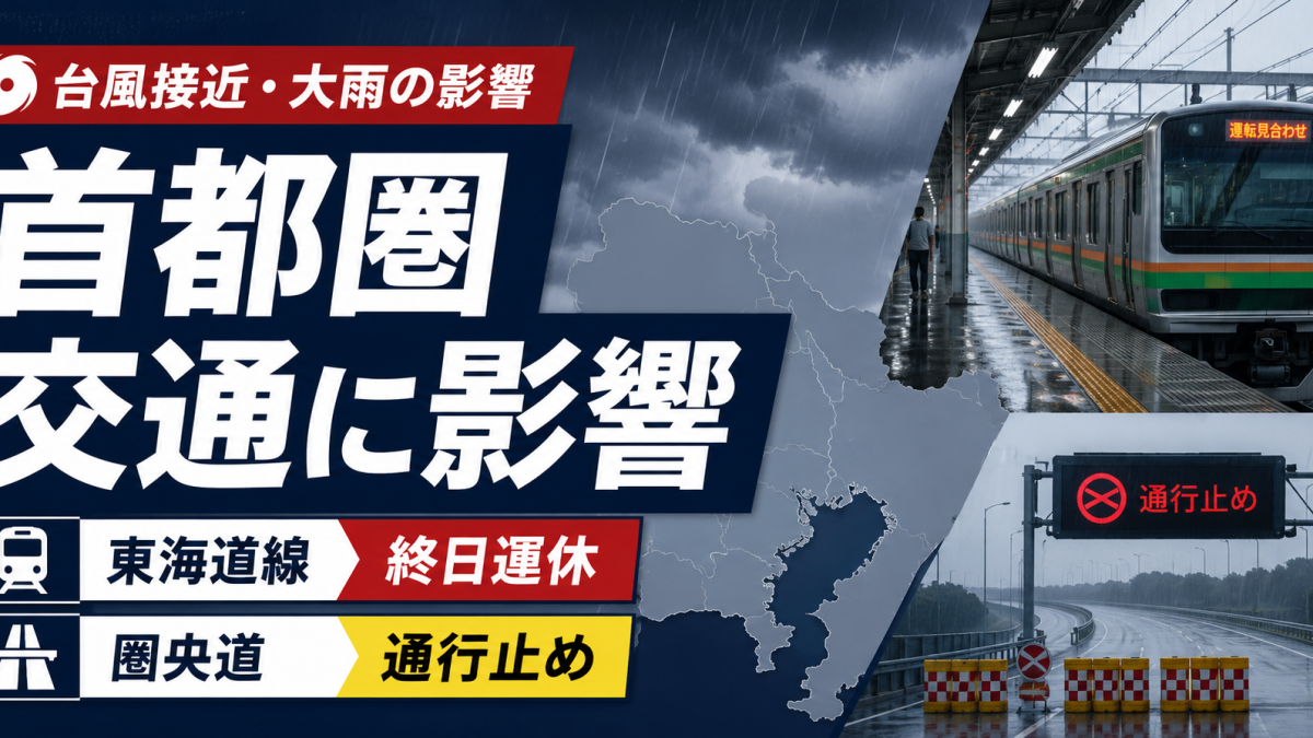 台風接近と大雨の影響で首都圏交通に乱れが出ており、東海道線の終日運休と圏央道の通行止めを伝える交通情報アイキャッチ