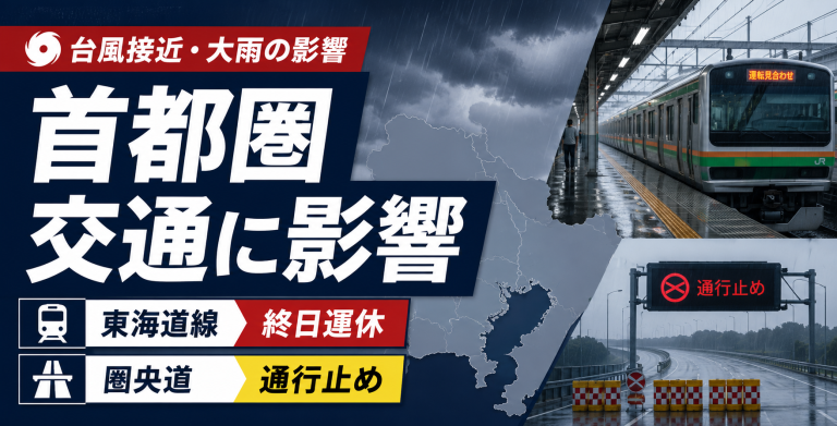 台風接近と大雨の影響で首都圏交通に乱れが出ており、東海道線の終日運休と圏央道の通行止めを伝える交通情報アイキャッチ
