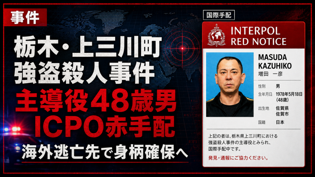 栃木県上三川町の強盗殺人事件で主導役とみられる48歳男がICPO赤手配となったことを示す報道アイキャッチ