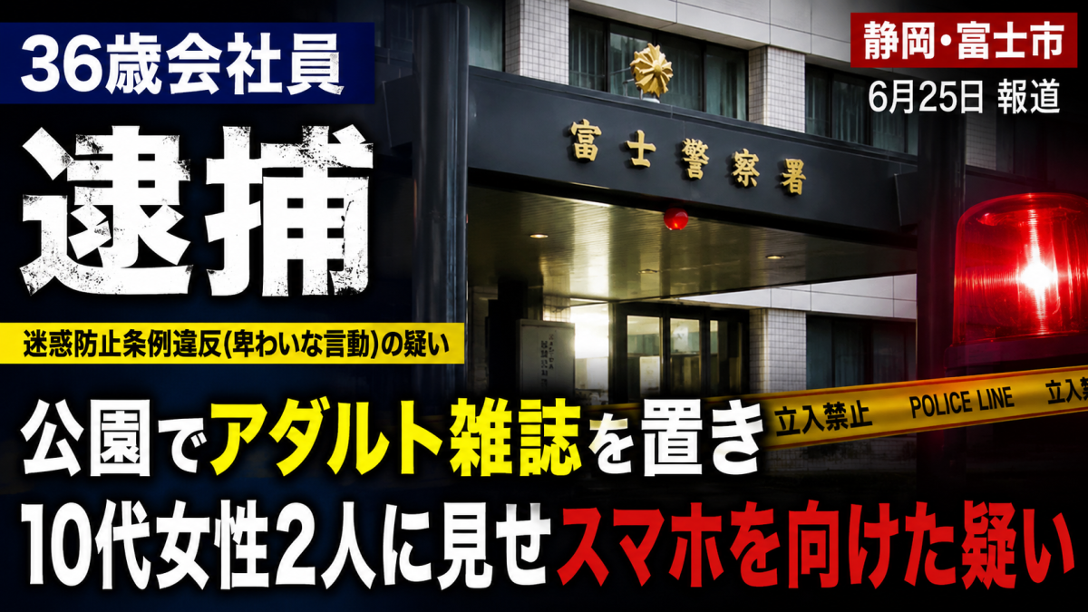 静岡県富士市の公園で迷惑防止条例違反容疑の男が逮捕された事件の報道用アイキャッチ
