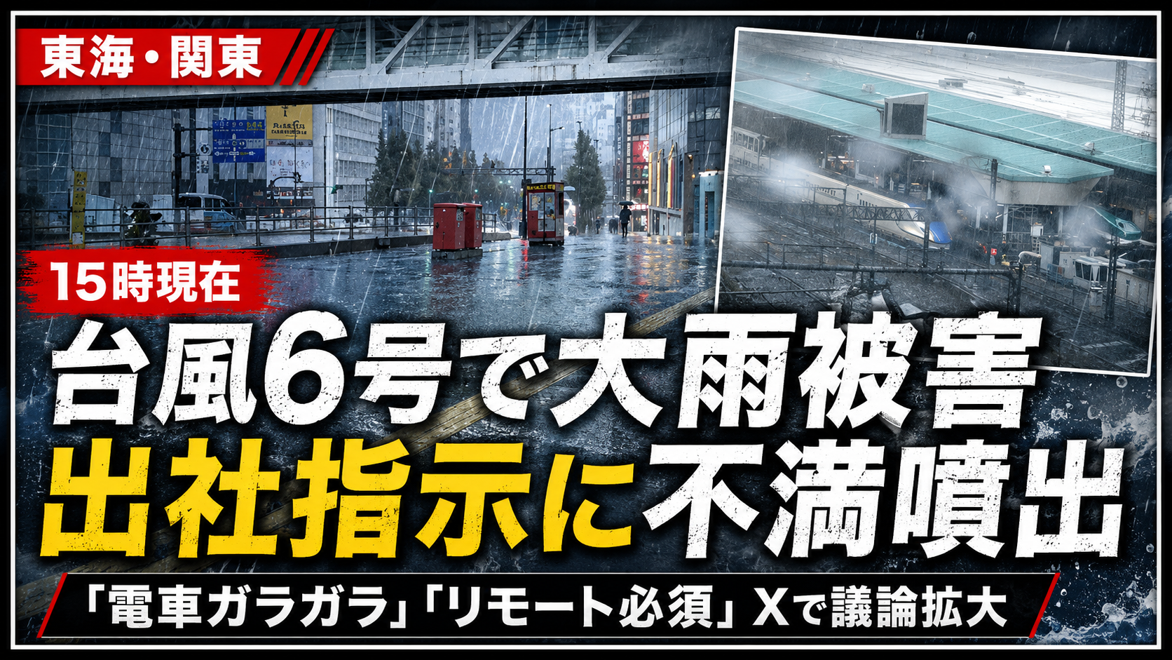 台風6号チャンミーによる東海・関東の大雨被害と出社指示をめぐるSNS議論を伝える報道画像