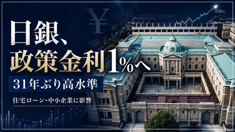日本銀行が政策金利を1％程度へ引き上げ、住宅ローンや中小企業への影響が広がることを伝える報道アイキャッチ