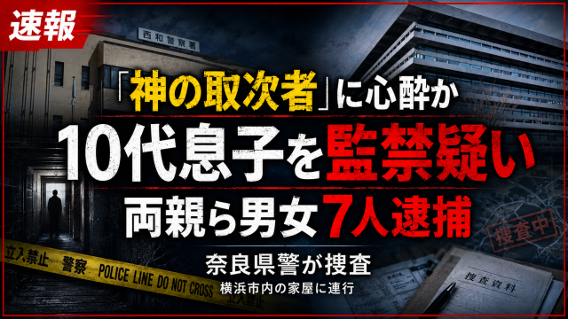 自称「神のお告げの取次者」に心酔した両親らが10代後半の息子を監禁した疑いで逮捕された事件を伝える報道アイキャッチ