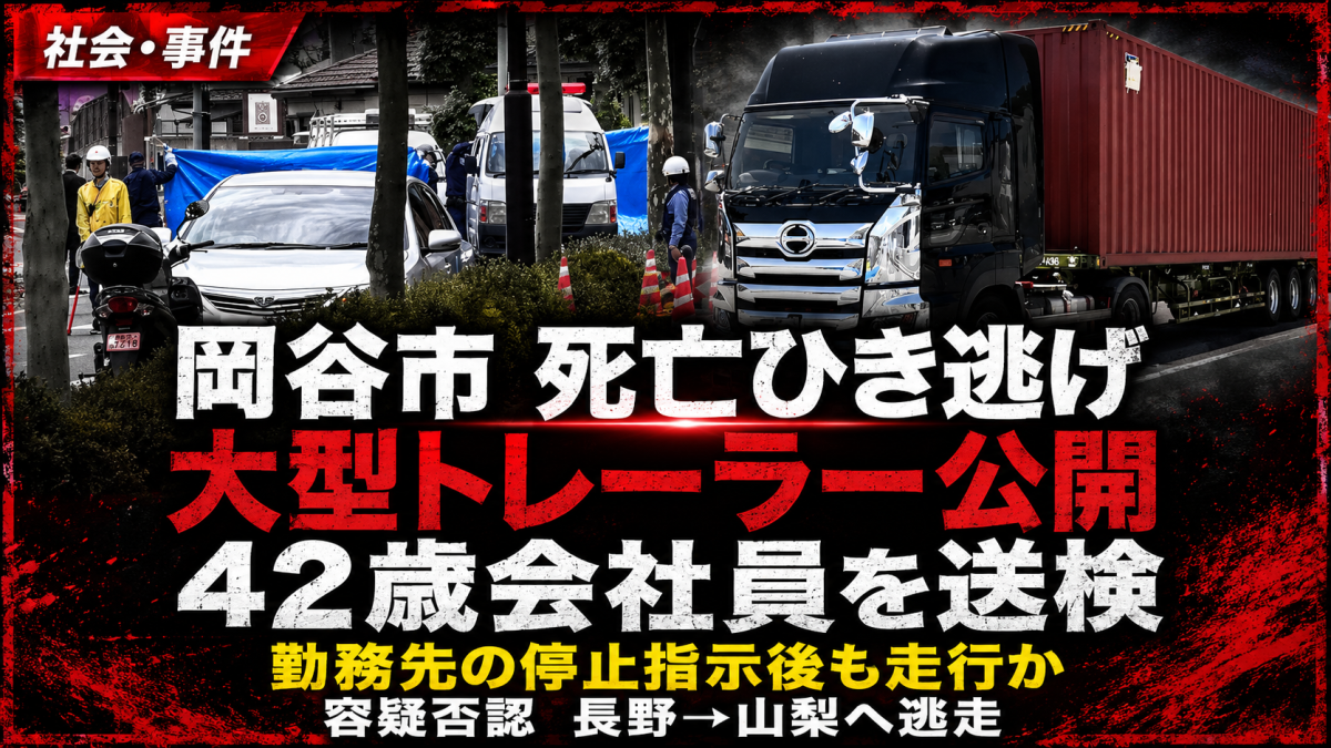 長野県岡谷市で道路を横断中の男性が大型トレーラーにはねられ死亡したひき逃げ事件を伝える報道アイキャッチ画像。公開された大型トレーラー、勤務先の停止指示、山梨県北杜市での身柄確保、42歳会社員送検の構図を表現している。