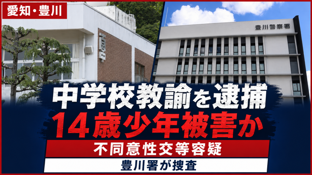 愛知県豊川市の中学校教諭逮捕事件を伝える報道アイキャッチ。中学校校舎と豊川警察署の外観、14歳少年被害か・不同意性交等容疑の見出しを配置