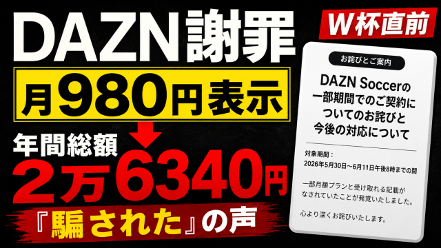 DAZN Soccerの月980円表示と年間総額2万6340円をめぐる料金表示問題を伝える報道アイキャッチ
