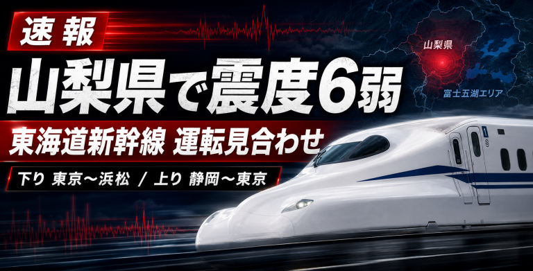 山梨県東部・富士五湖付近を震源とする最大震度6弱の地震で東海道新幹線が下り東京駅から浜松駅まで、上り静岡駅から東京駅まで運転を見合わせていることを伝える速報アイキャッチ