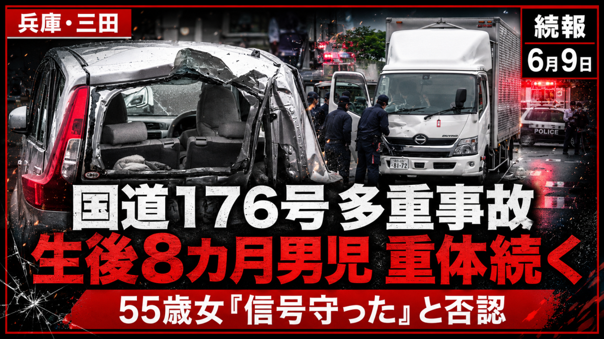 兵庫県三田市東本庄の国道176号交差点で起きた多重事故で生後8カ月の男児が意識不明の重体となっていることを伝える報道アイキャッチ