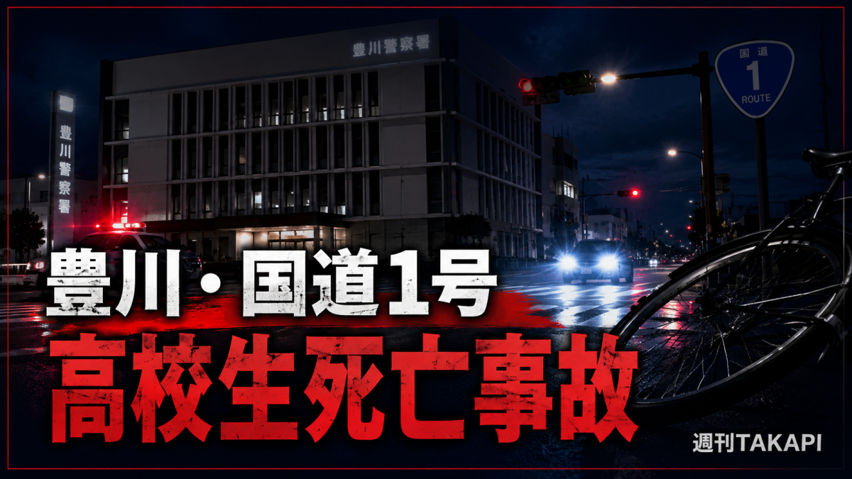 愛知県豊川市宿町の国道1号交差点で自転車の男子高校生が乗用車にはねられ死亡した事故の報道アイキャッチ
