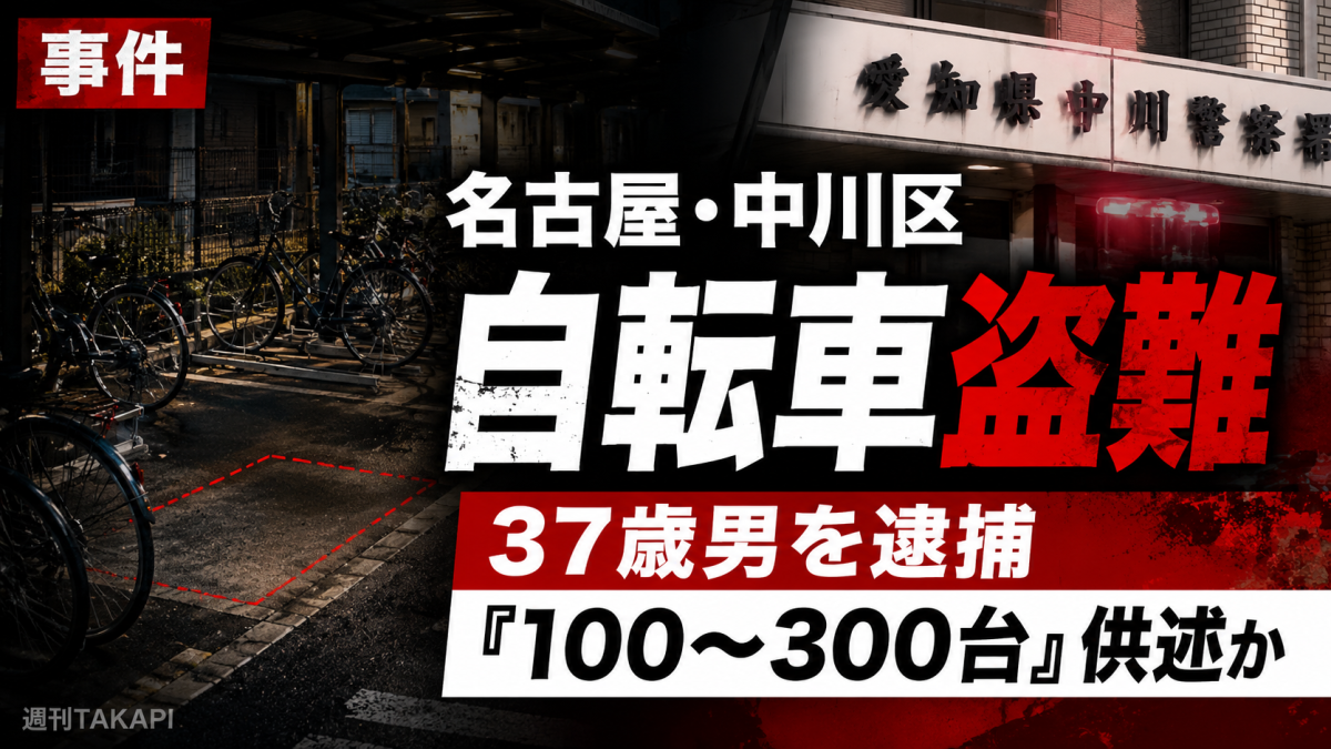 名古屋市中川区の集合住宅駐輪場で自転車盗難が相次ぎ、37歳男が逮捕された事件を伝える報道アイキャッチ