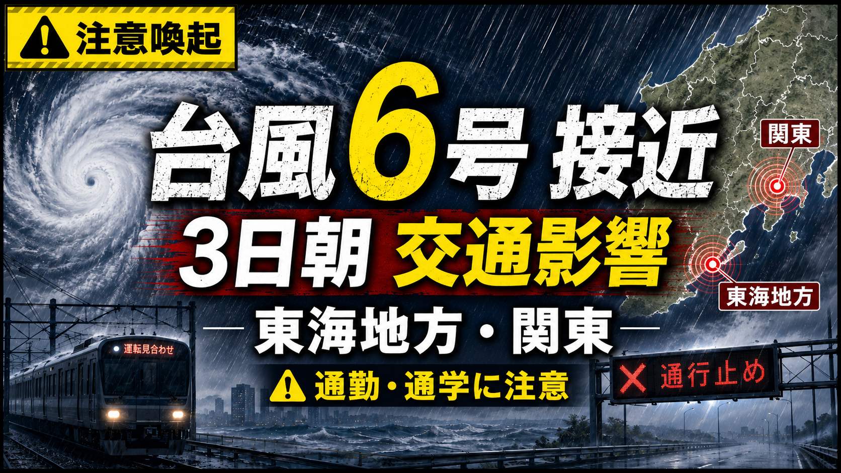 台風6号の接近で東海地方と関東に交通影響が出る見込みを注意喚起するニュース画像