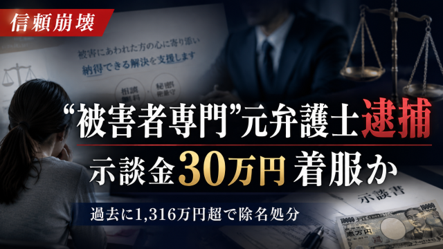性犯罪被害者支援をうたっていた元弁護士が、被害女性の示談金30万円を着服した疑いで逮捕された事件を伝える報道アイキャッチ