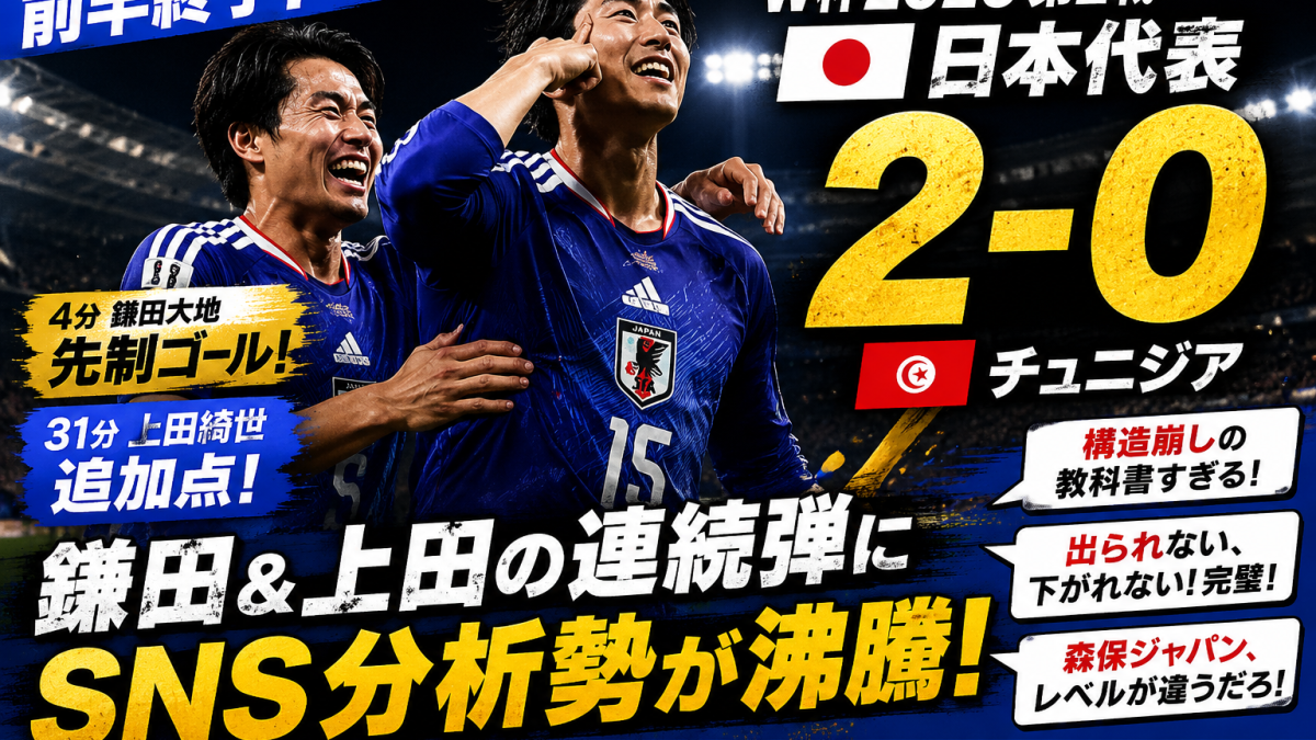 日本代表がチュニジア戦で前半2-0とリードし、鎌田大地と上田綺世のゴールにSNS分析勢が盛り上がるサッカー記事アイキャッチ