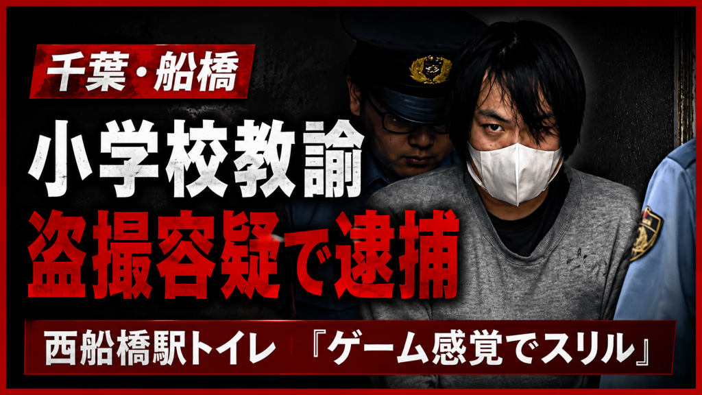 船橋市立芝山西小学校の教諭が西船橋駅の男子トイレで盗撮容疑により逮捕されたことを伝える社会ニュース画像