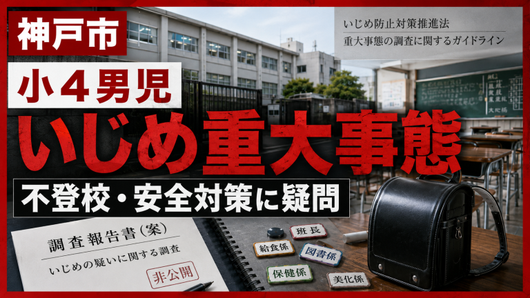 神戸市立小学校の小4男児がいじめを受け不登校となり、市教委が重大事態として認定したことを伝える報道イメージ