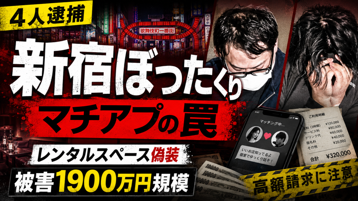マッチングアプリで誘い出した男性を新宿のレンタルスペースに連れ込み、高額請求した疑いで4人が逮捕された事件を伝える報道アイキャッチ