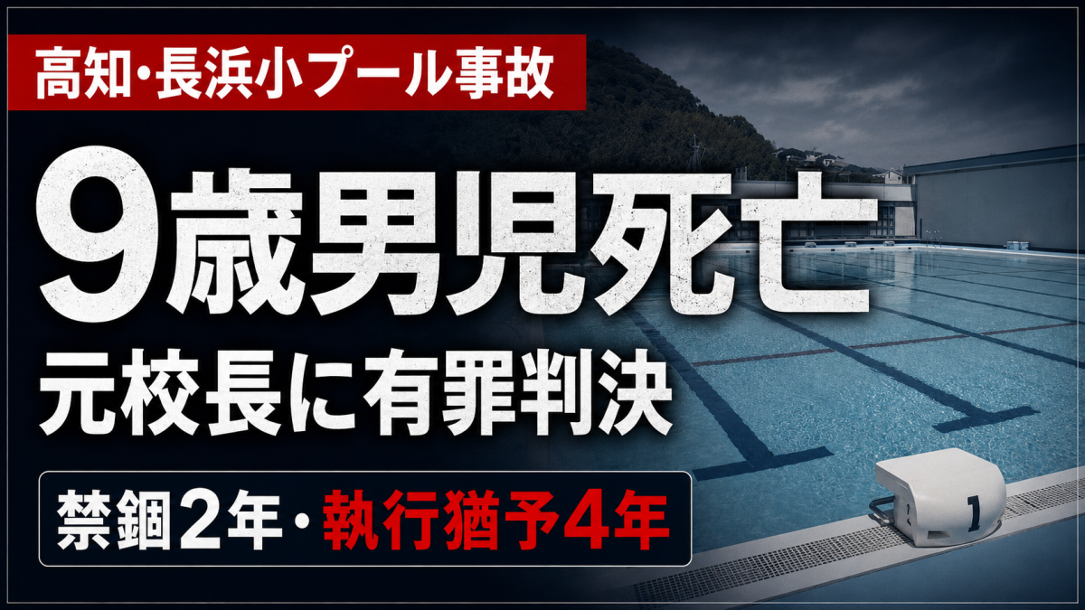 高知市立長浜小学校の4年生男児が水泳授業中に溺れて死亡した事故で、当時の校長に禁錮2年・執行猶予4年の有罪判決が言い渡されたことを伝える報道アイキャッチ