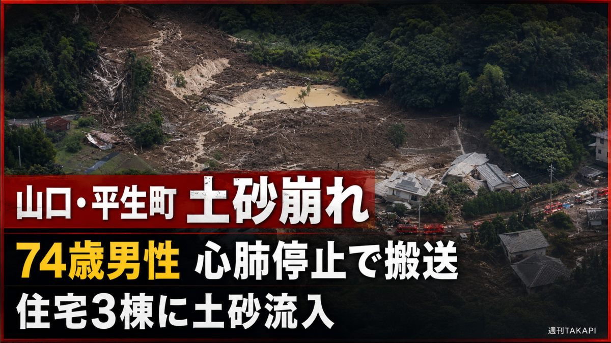 山口県平生町小郡で発生した土砂崩れにより住宅など3棟に土砂が流入し74歳男性が心肺停止で搬送された災害報道アイキャッチ