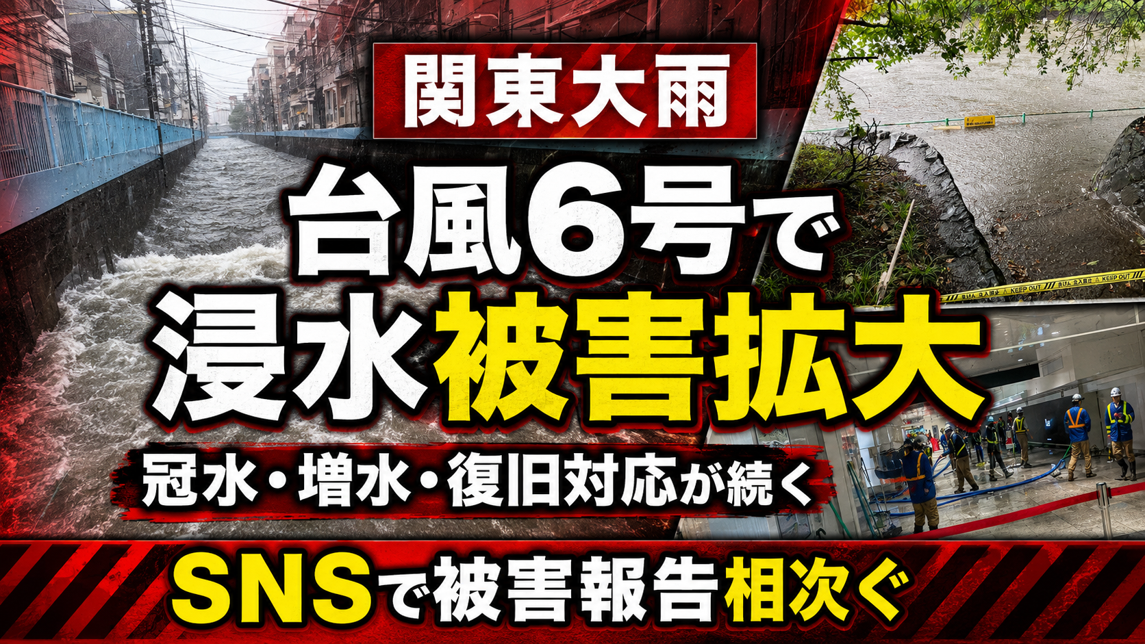 台風6号で関東の浸水被害が拡大し冠水や復旧作業が続く様子を伝える報道画像