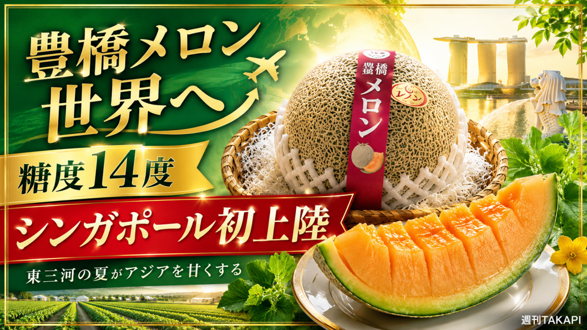 糖度14度ほどの愛知県産メロンがシンガポールへ初輸出されることを伝えるアイキャッチ