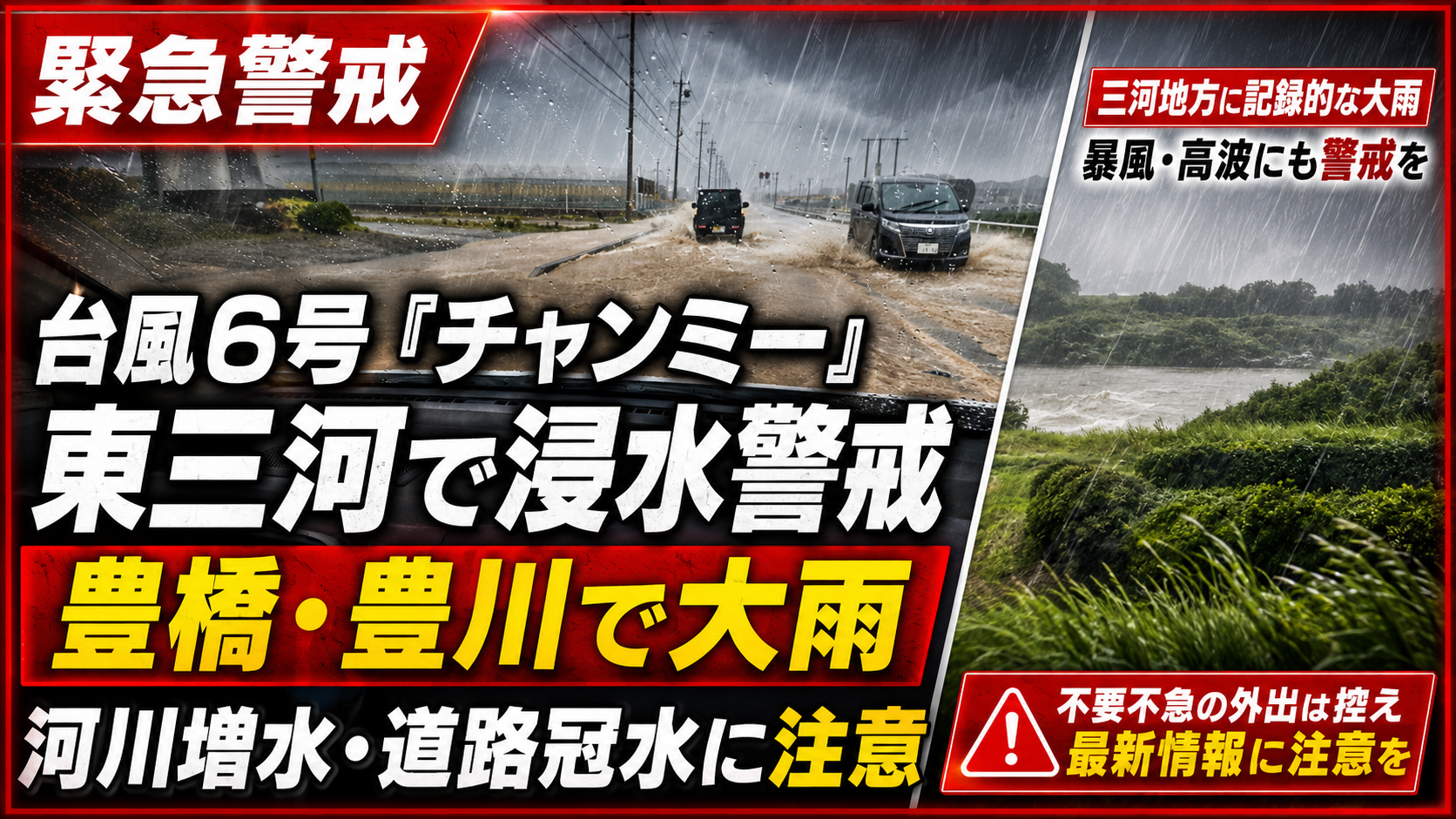 台風6号チャンミーの影響で東三河の豊橋市と豊川市に大雨や河川増水への警戒を呼びかける報道イメージ
