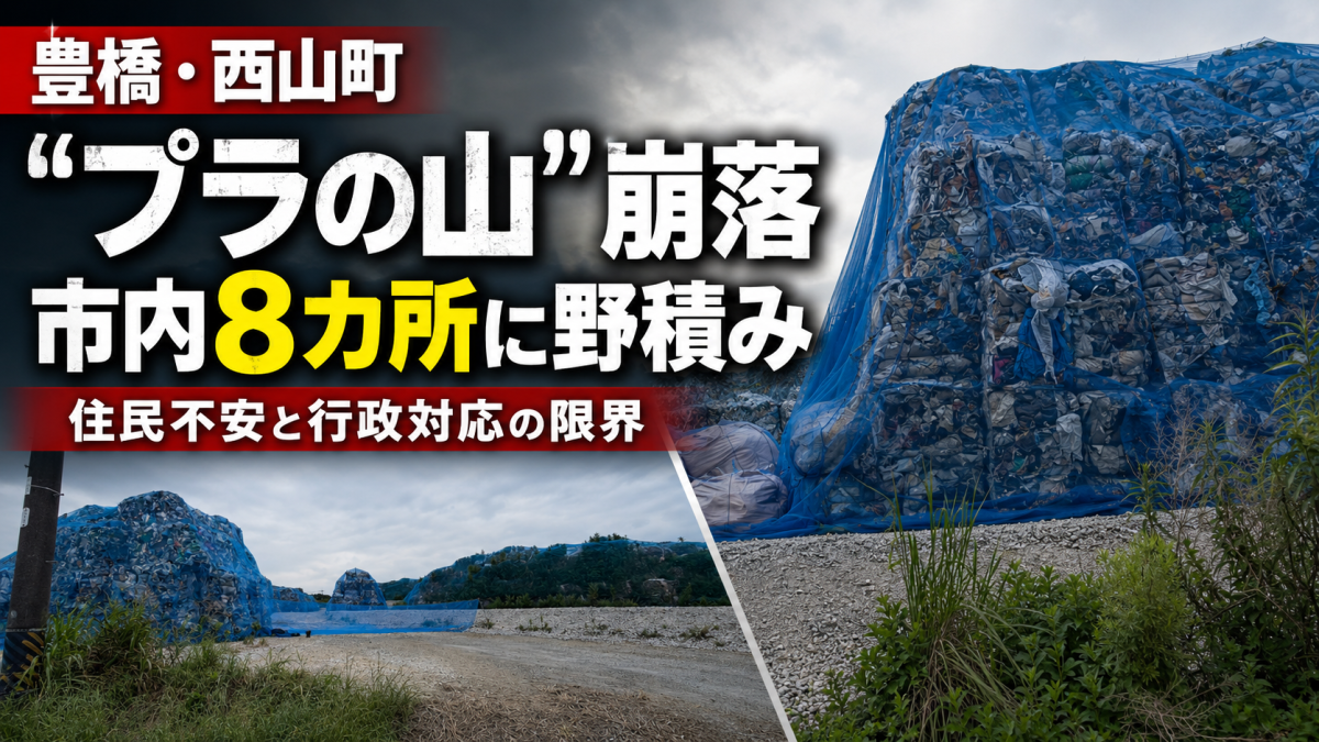 豊橋市西山町でプラスチック梱包体の一部崩落が確認され、市内8カ所に広がる大量プラスチック野積み問題と住民不安を伝える報道アイキャッチ