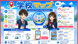 学校マップで学校検索、学校追加、口コミ投稿ができることを紹介する学生向け画像