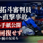 川上拓斗審判員がバット直撃事故で頭部を負傷し、NPBが家族のメッセージを公開したことを伝える報道アイキャッチ