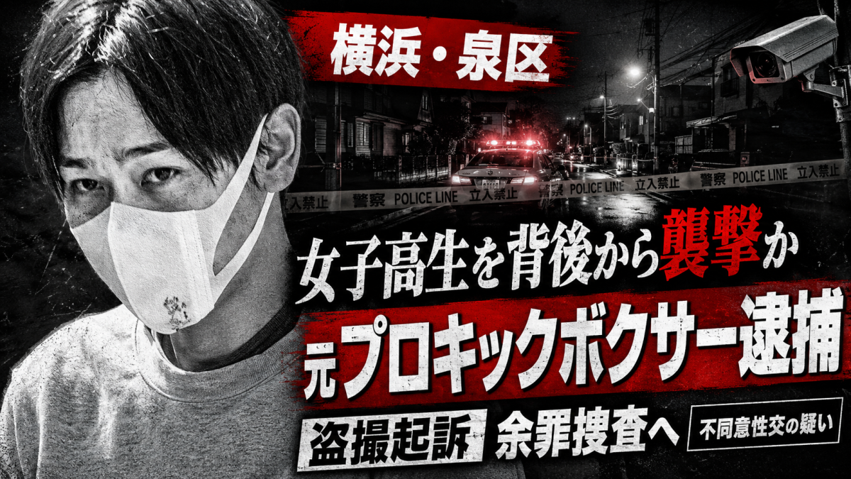 横浜市泉区で帰宅途中の女子高校生に性的暴行を加えた疑いで元プロキックボクサーの男が逮捕された事件を伝える報道用アイキャッチ