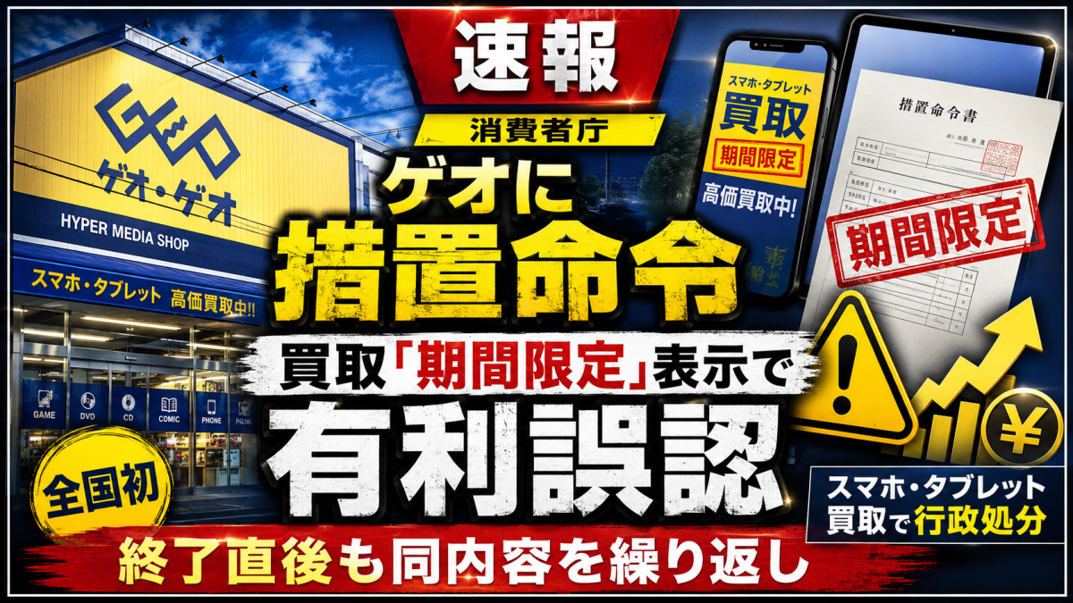 ゲオのスマホ・タブレット買取キャンペーンをめぐり、期間限定表示が有利誤認にあたるとして消費者庁が措置命令を出したことを伝える報道アイキャッチ
